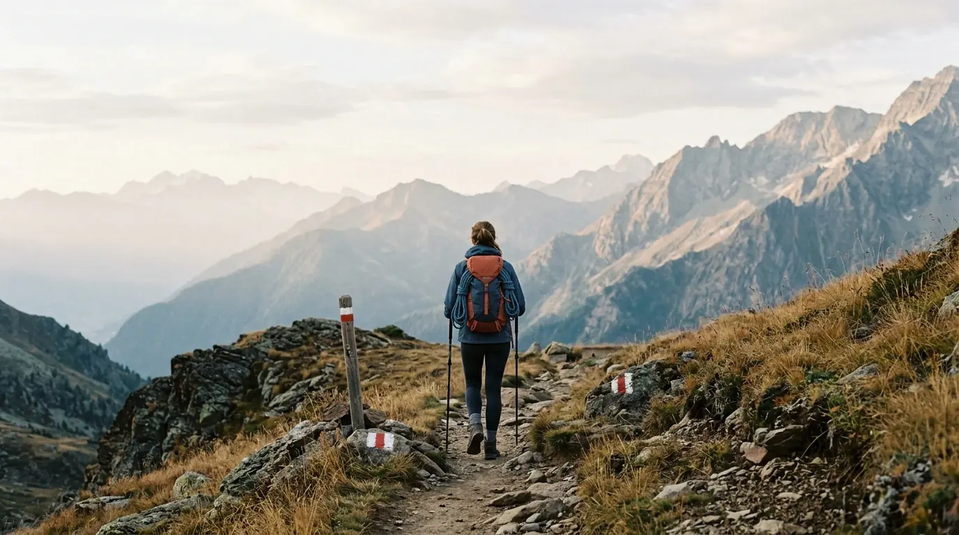 Randonneur sur un sentier balisé en moyenne montagne, tôt le matin