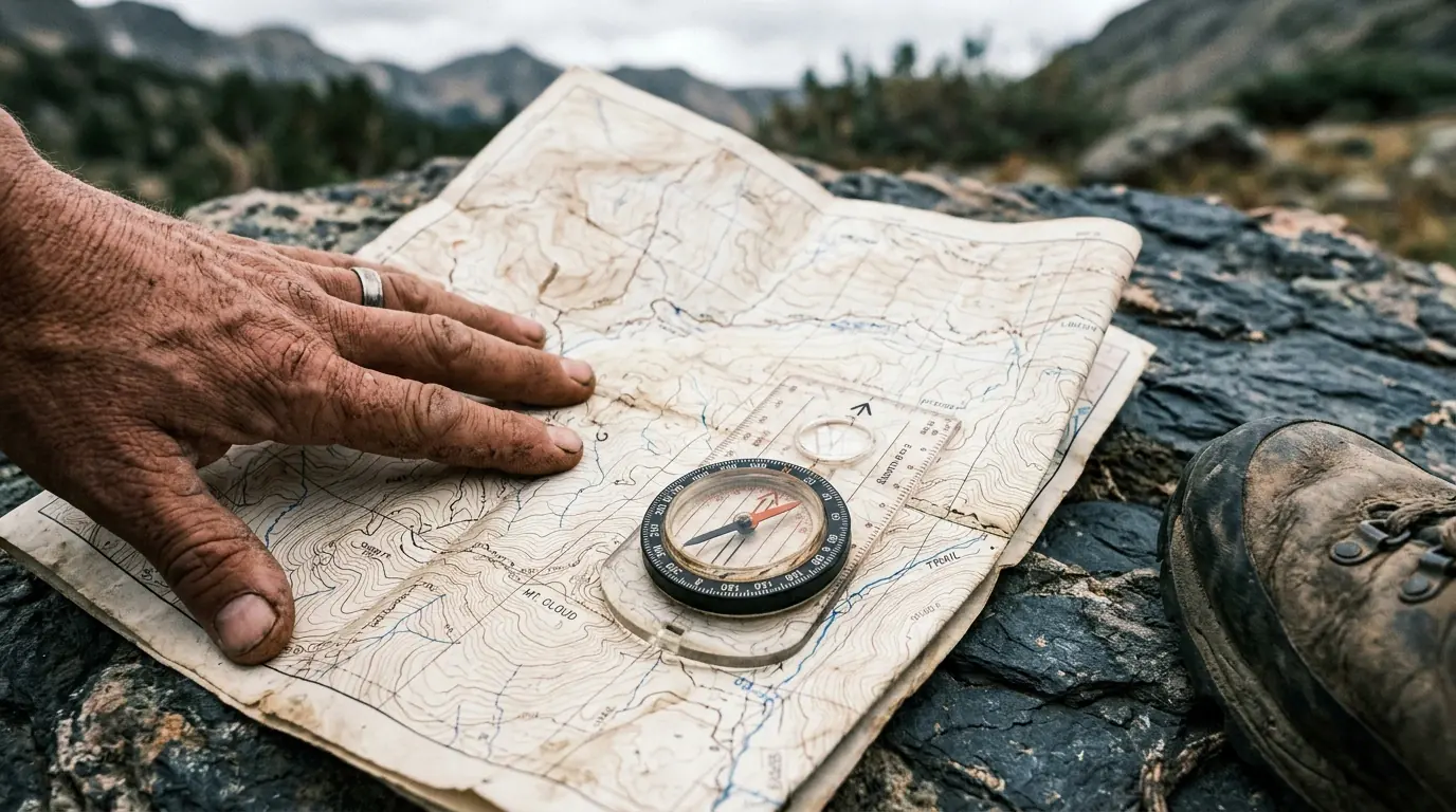 Carte topographique et boussole posées sur un rocher pendant une pause