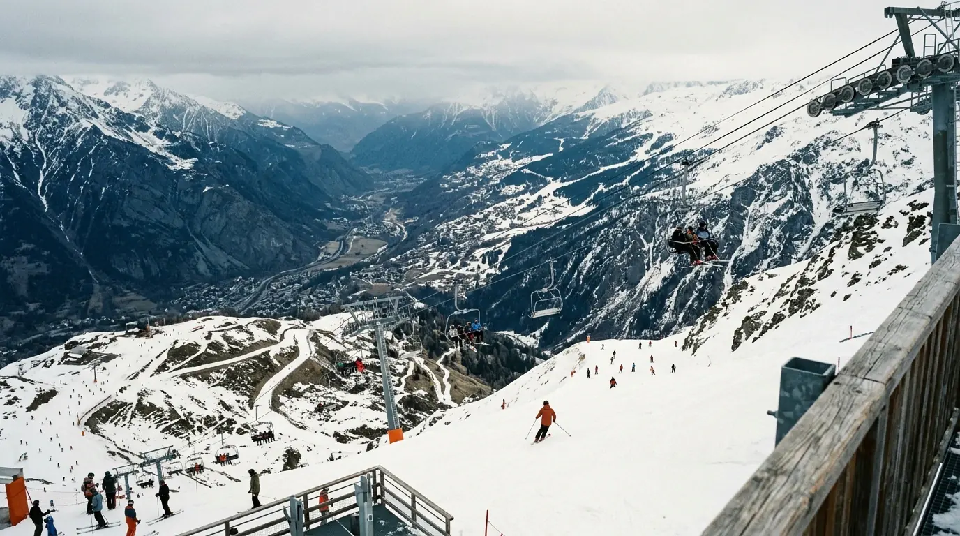 Domaine skiable vu depuis le haut, avec la ligne d’un télésiège