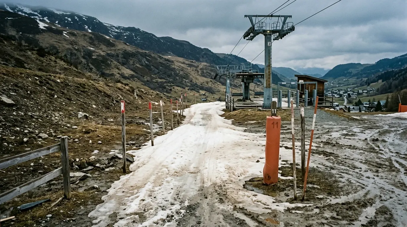 Bas des pistes en fin de saison, neige mince sur un retour station