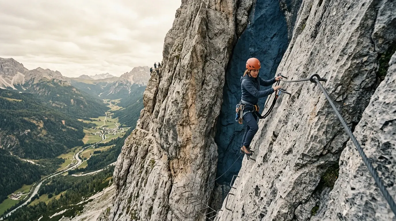 Parcours de via ferrata équipé de câbles et de barreaux sur une paroi