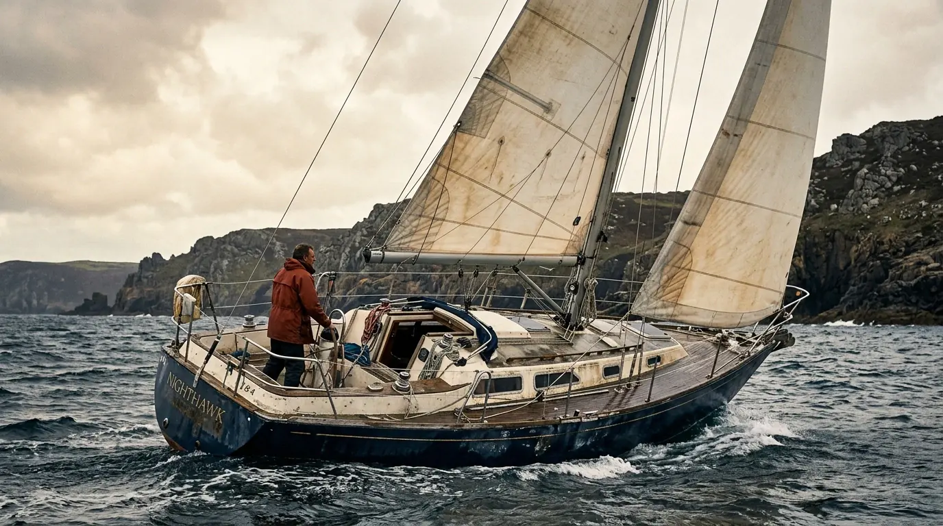 Voilier de croisière sous voile le long d’une côte rocheuse