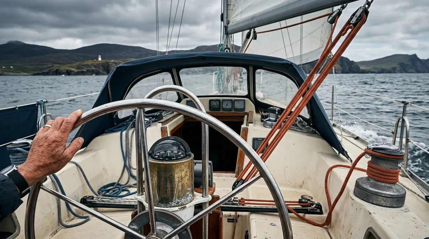 Cockpit et barre d’un voilier en navigation côtière