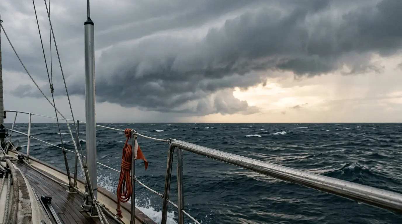 Ciel se chargeant au-dessus d’une mer formée, vu depuis le pont