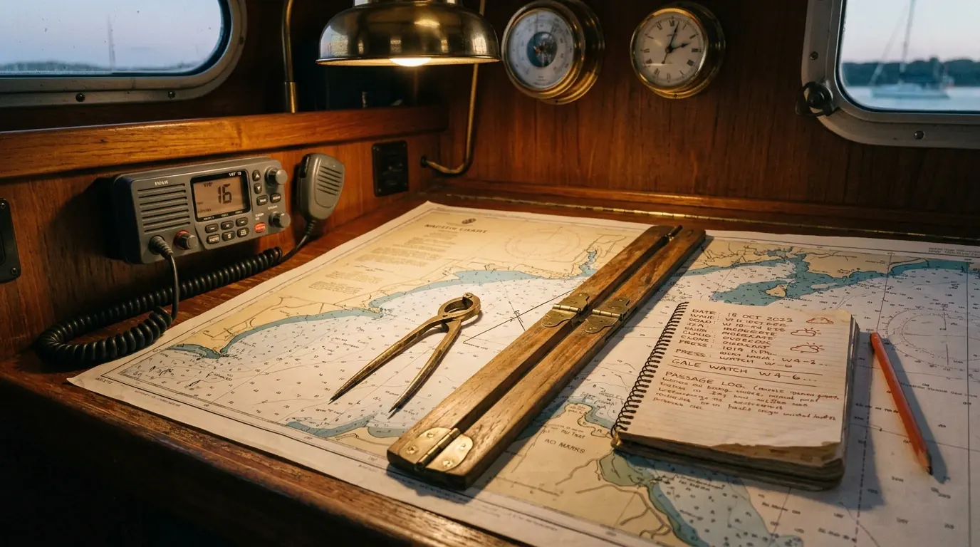 Table à cartes avec carte marine papier et VHF fixe