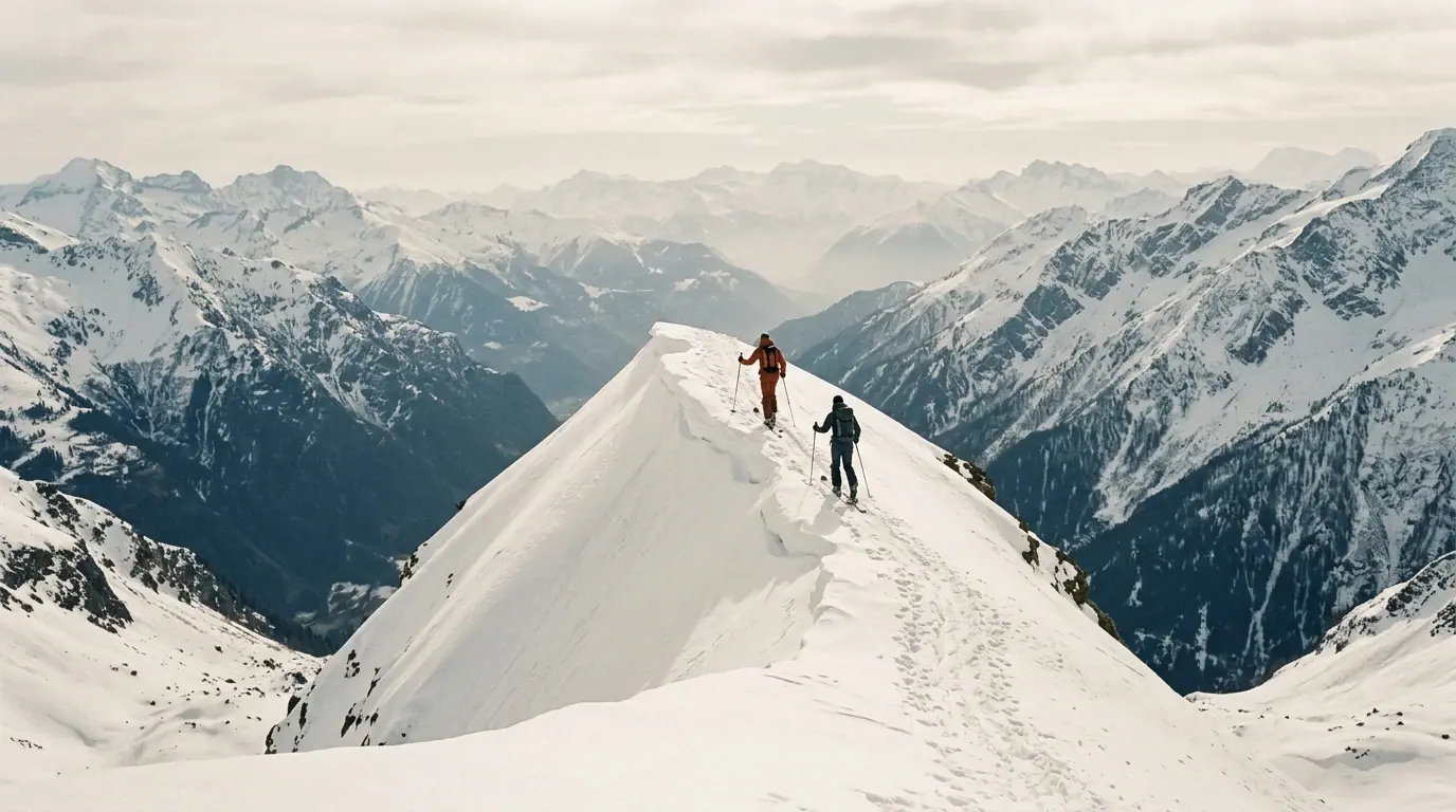 Skieurs de randonnée progressant sur une arête enneigée