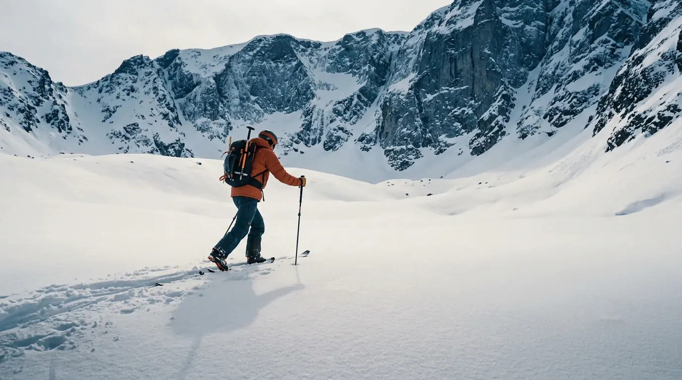 Skieur de randonnée dans une combe enneigée, en montée