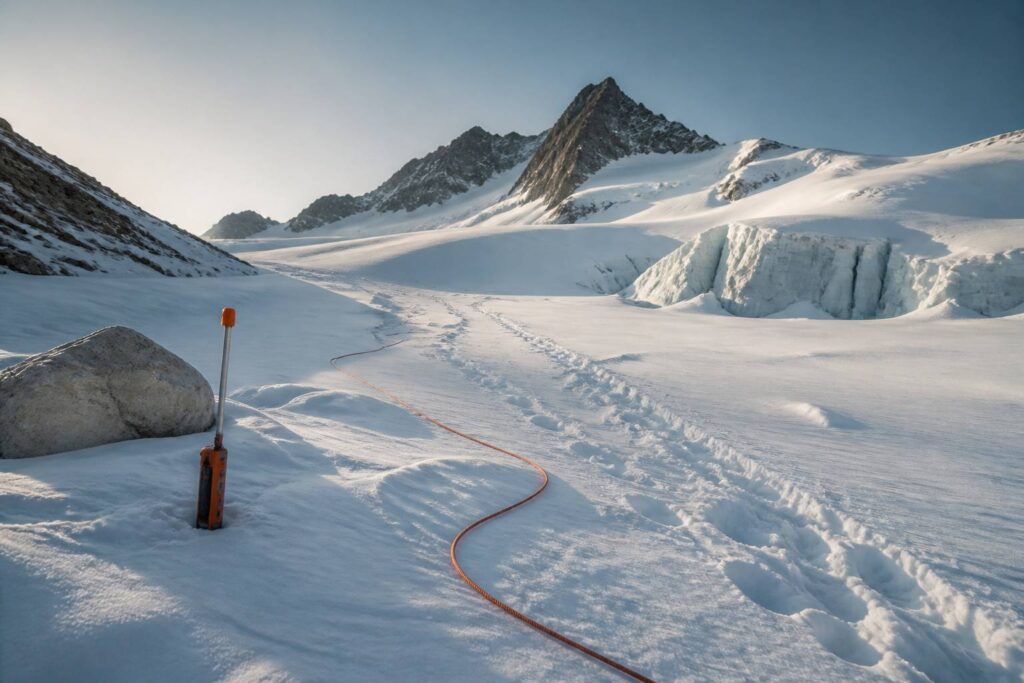 Corde et traces de crampons sur un glacier en montagne