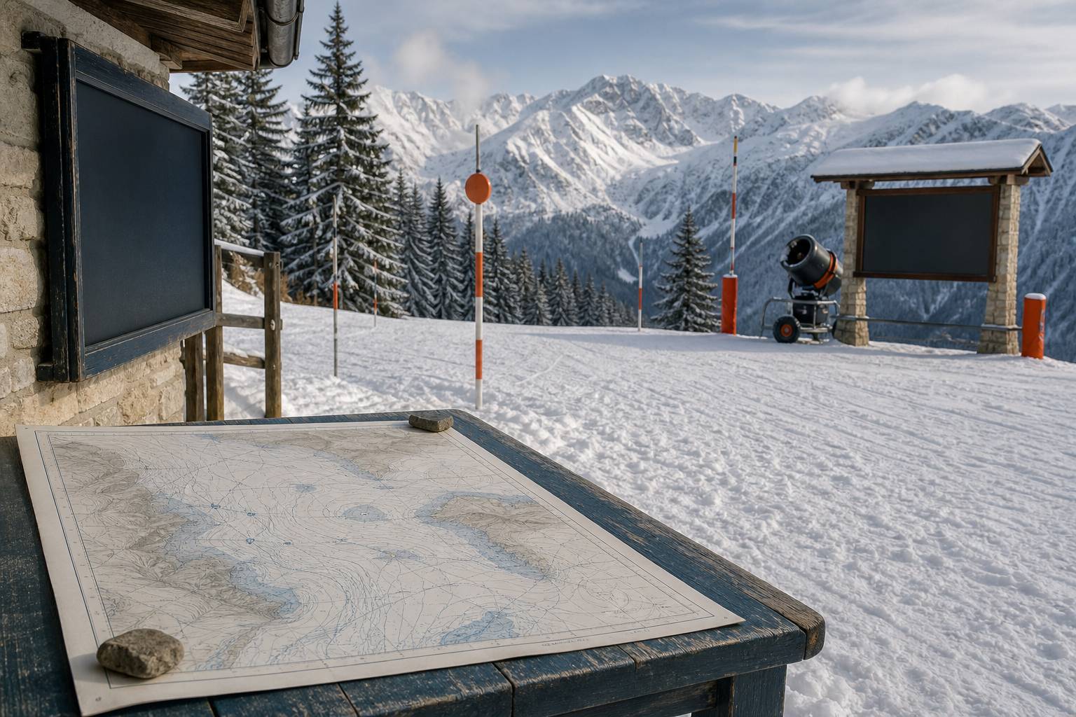 Bornes d'altitude et enneigeurs sur le front de neige d'une station