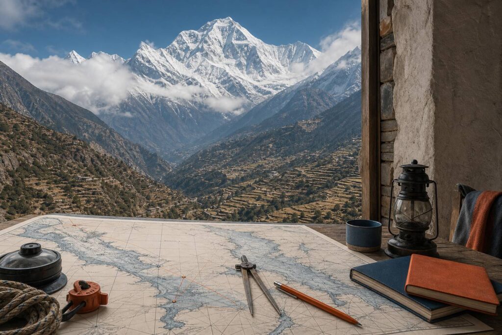 Massif himalayen avec un sommet enneigé dominant une vallée habitée