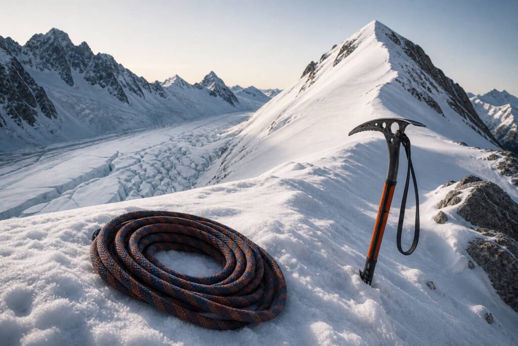 Arête alpine enneigée avec une corde et un piolet au premier plan