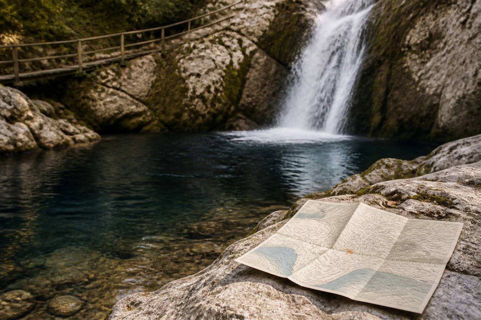 Bassin de cascade avec rochers moussus et garde-corps en bois le long du sentier