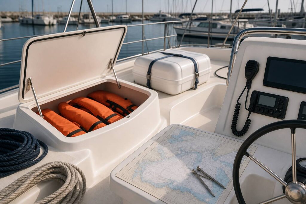 Équipement de sécurité rangé sur le pont d'un bateau