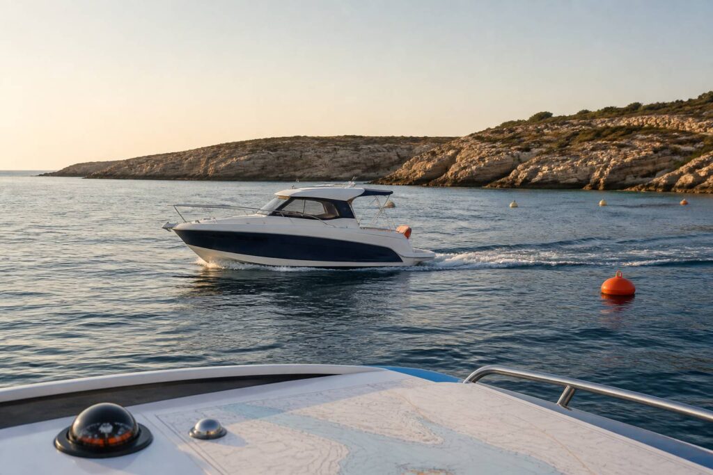Bateau de plaisance à moteur naviguant près de la côte