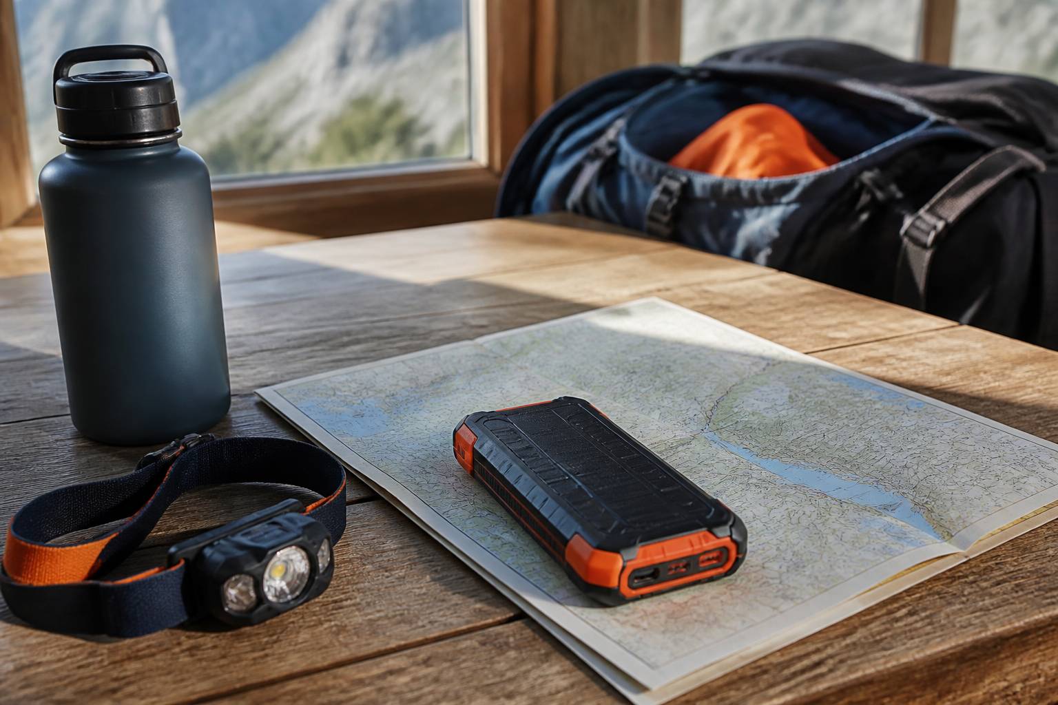 Batterie nomade sur une table de refuge avec carte