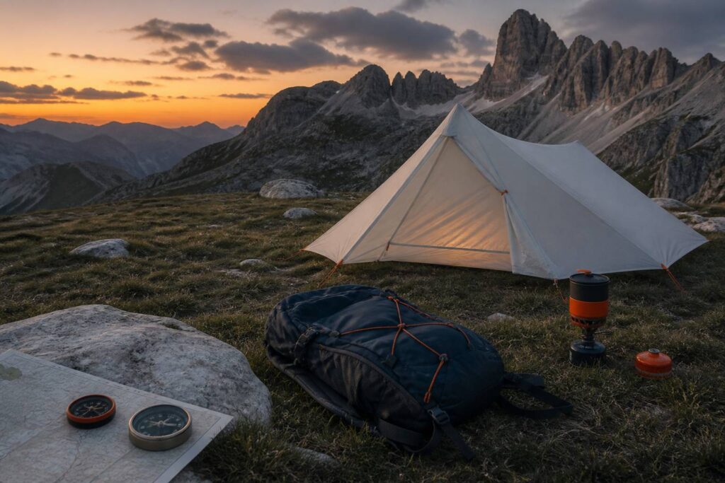 Tente de bivouac montée sur un alpage au crépuscule en montagne