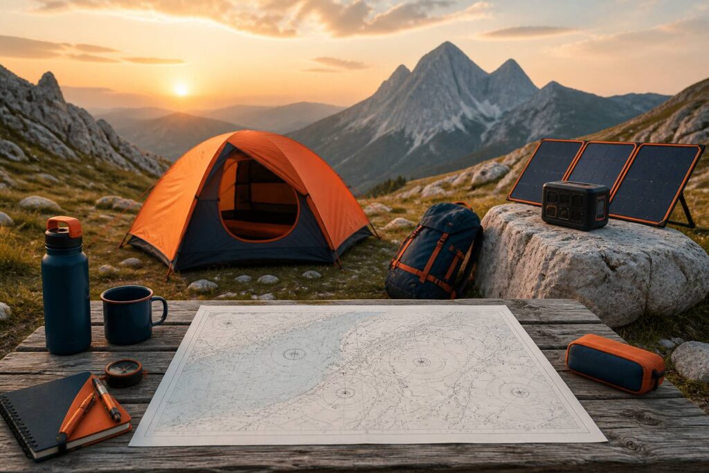 Bivouac en montagne avec batterie nomade au soir