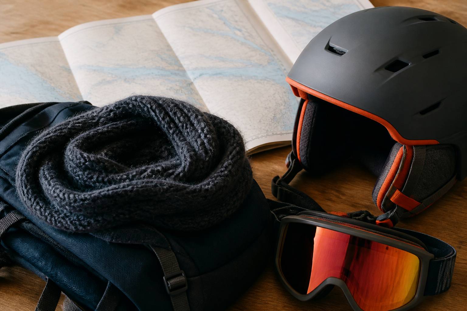 Tour de cou en laine mérinos posé sur un sac à dos avec un casque de ski