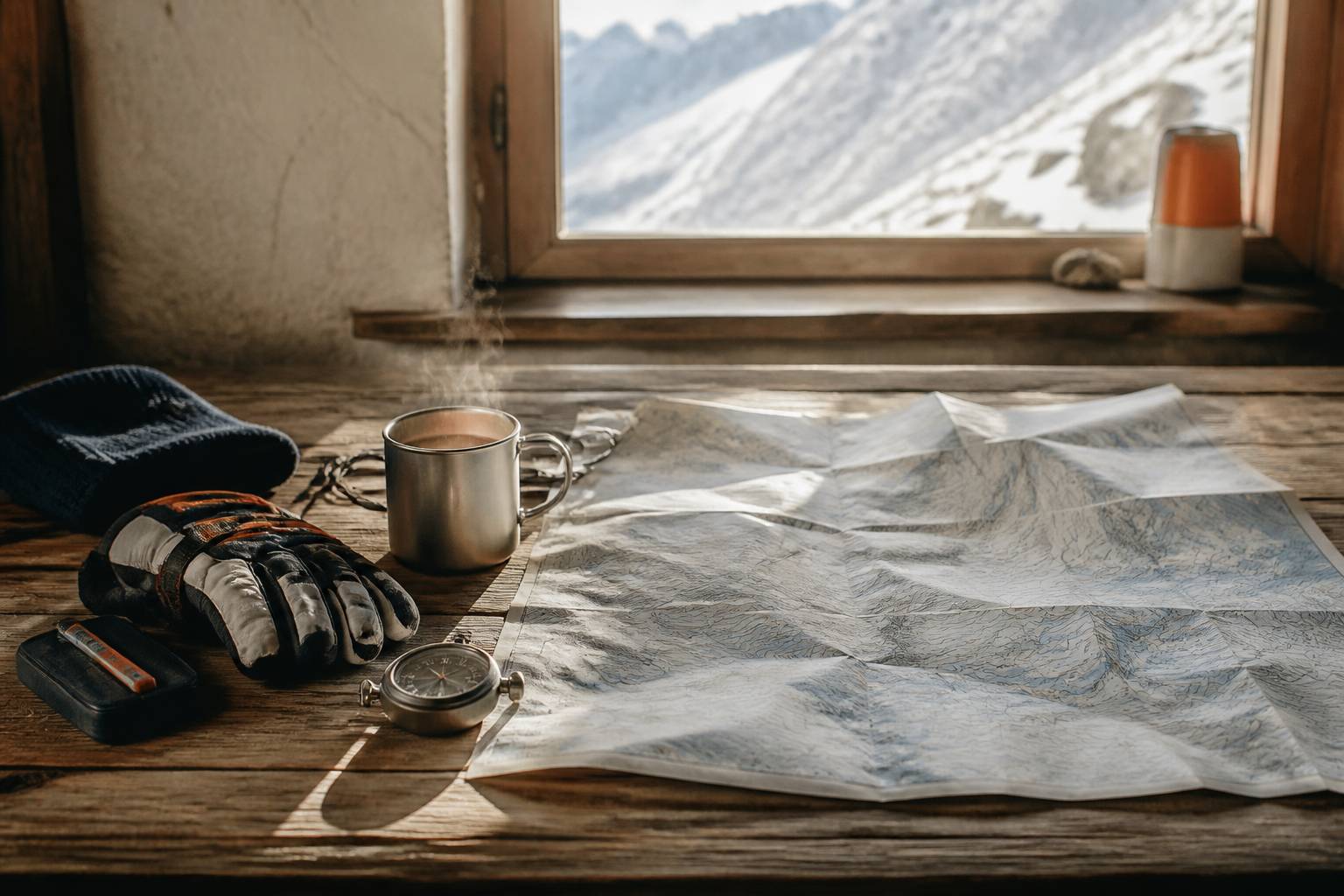 Carte topographique dépliée avec chronomètre et gants de ski sur table