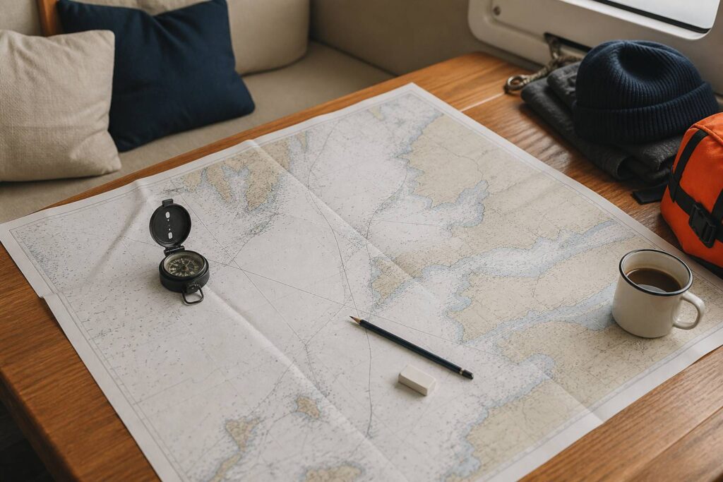 Carte marine papier dépliée sur une table avec compas
