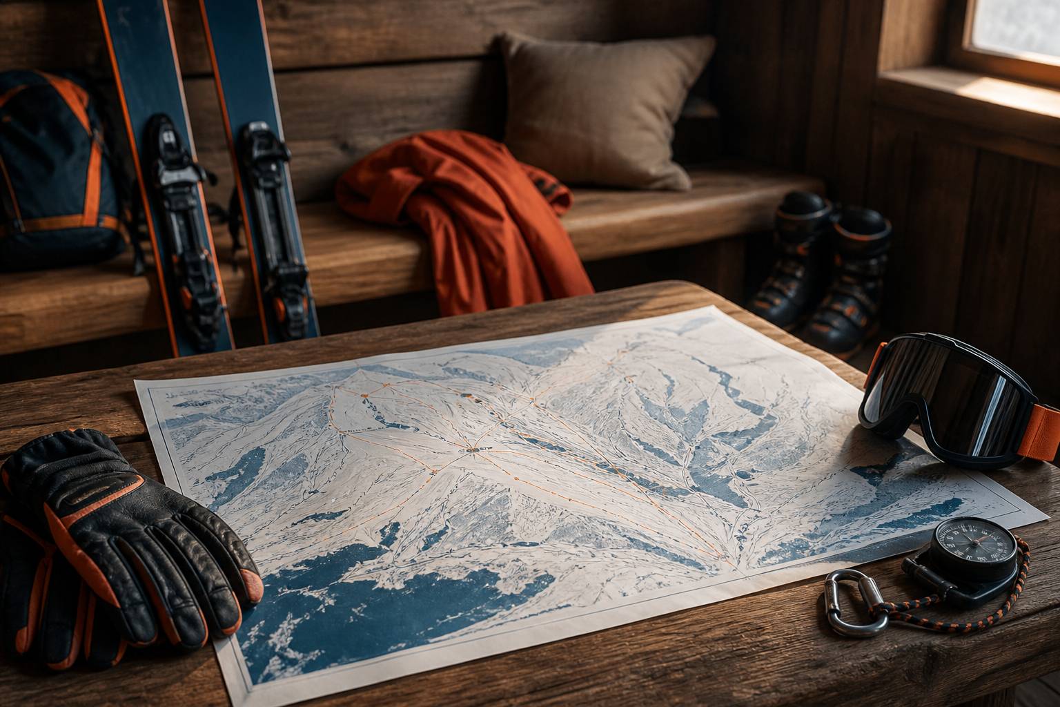Skis et chaussures appuyés près d'une carte de pistes sur une table