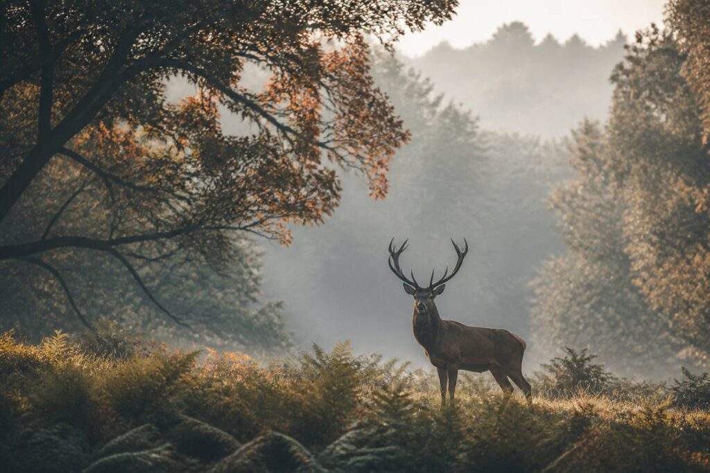 Cerf élaphe aux bois visibles en lisière de forêt