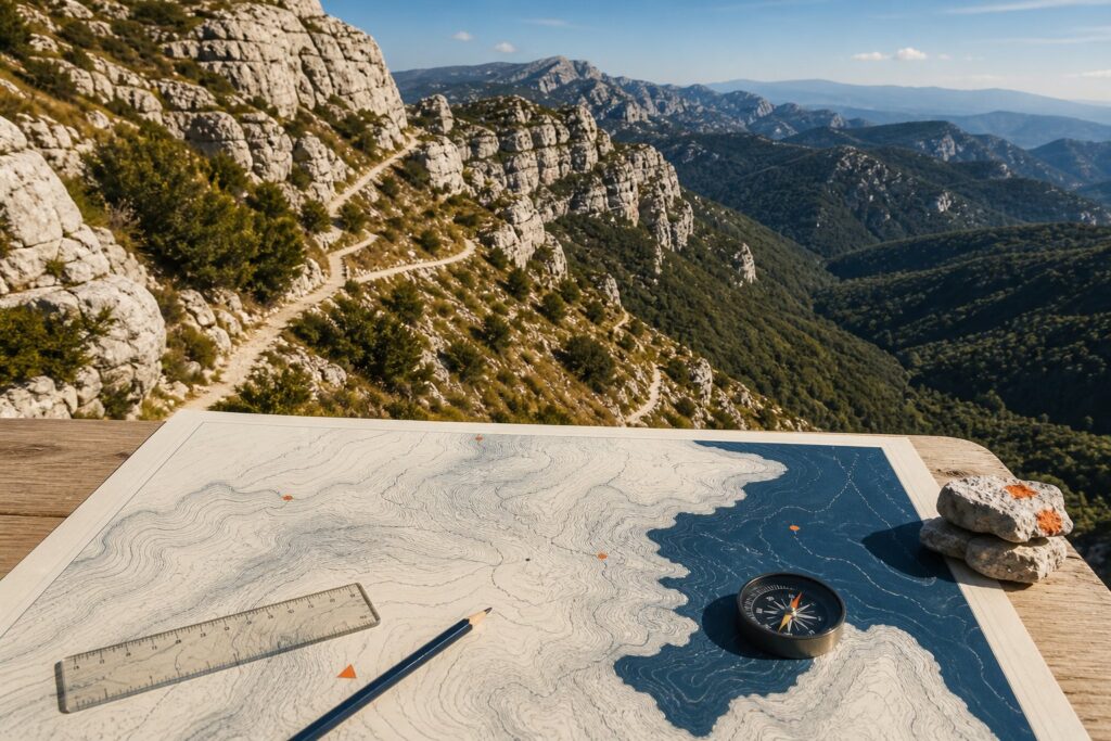 Crête calcaire de montagne provençale avec sentier en lacet et hêtraie sur le versant