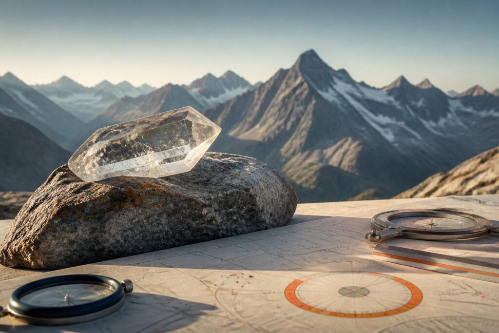 Cristal de roche transparent posé sur une roche avec des sommets alpins en arrière-plan