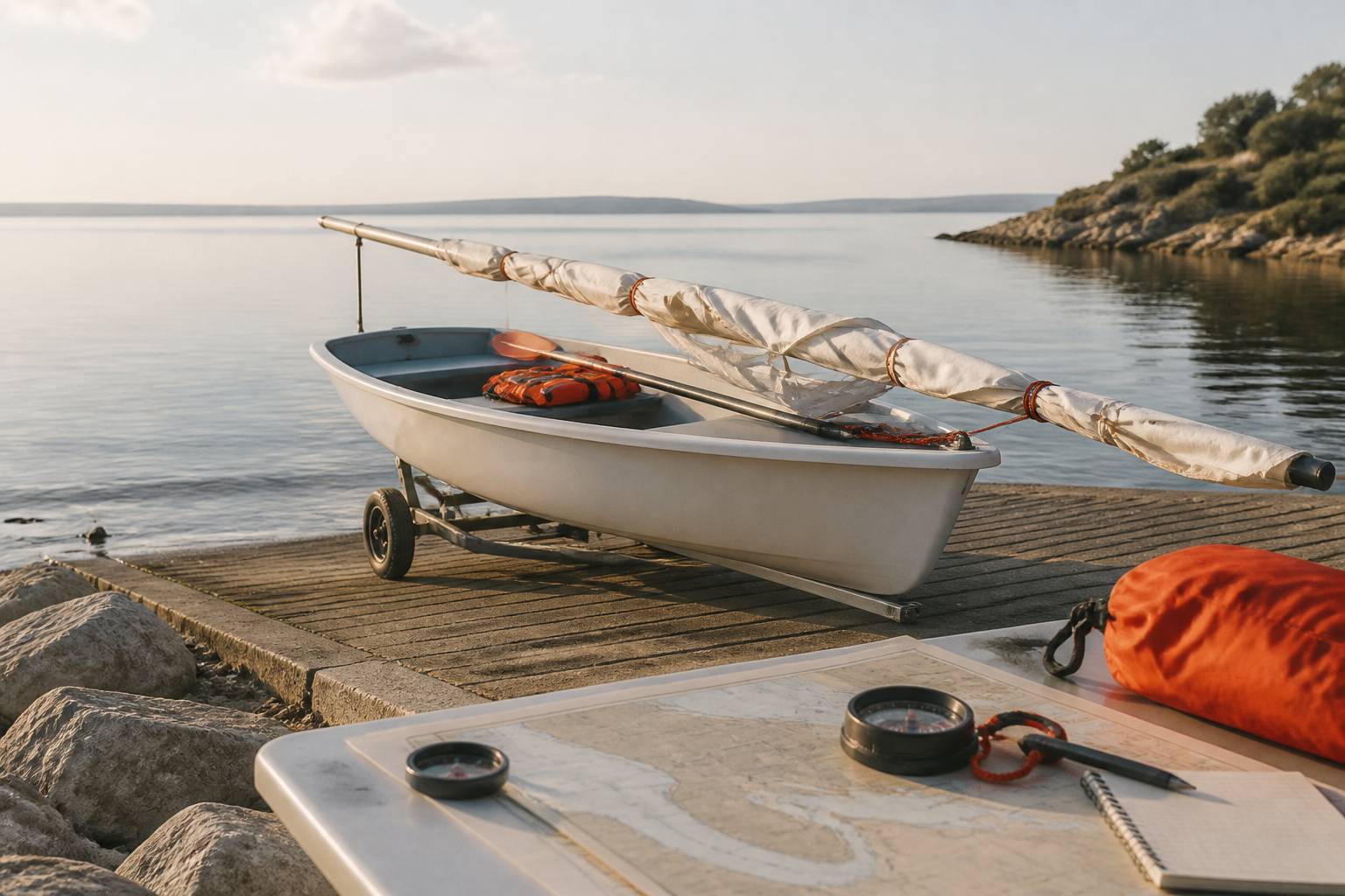 Dériveur posé sur un quai avec sa voile pliée