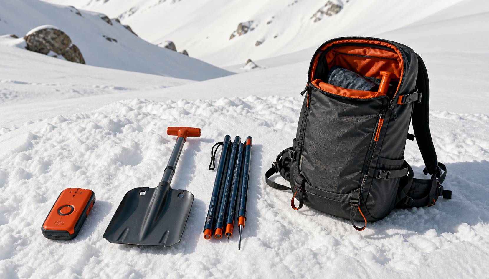 DVA, pelle et sonde posés sur la neige à côté d'un sac
