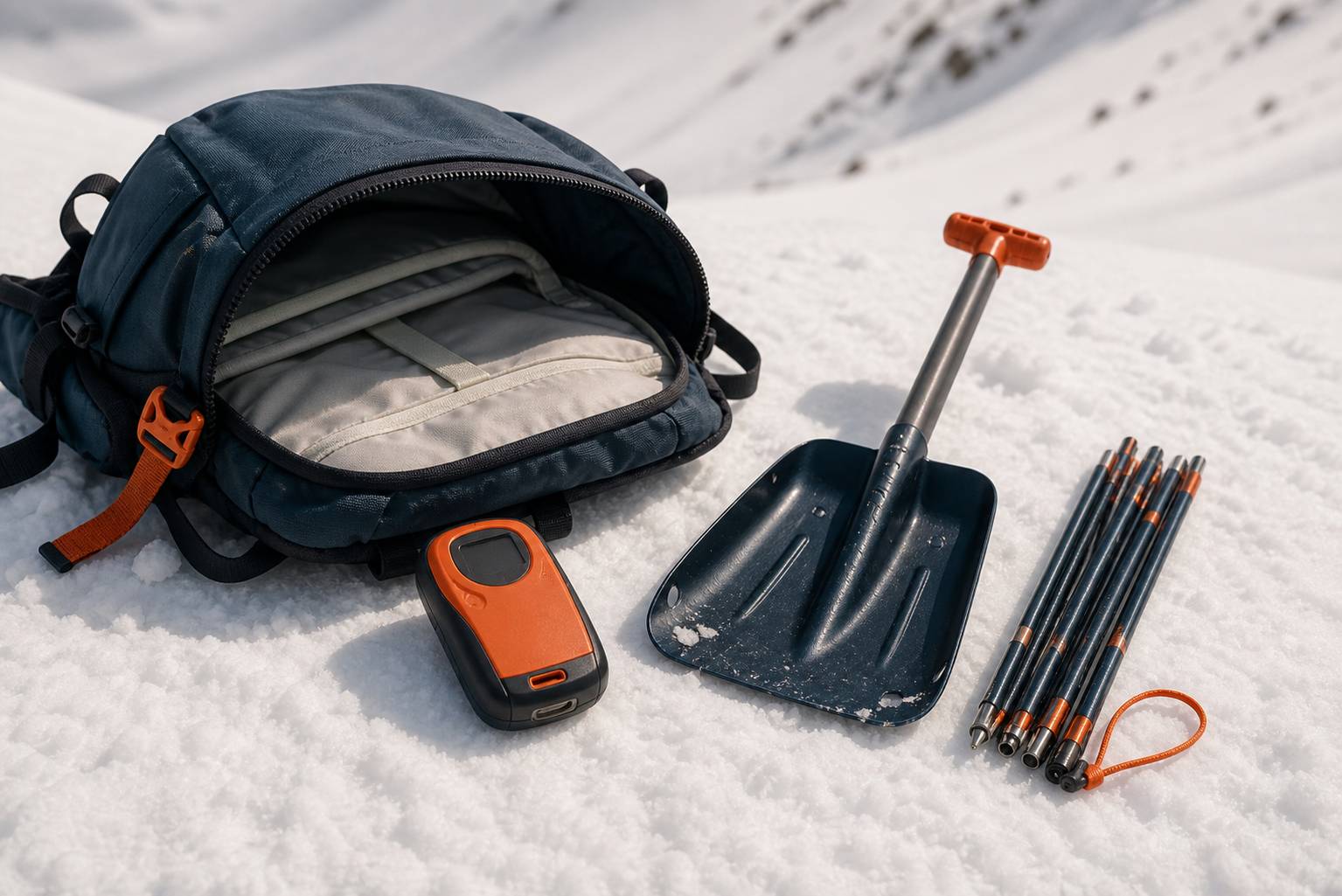 DVA, pelle et sonde posés sur la neige près d'un sac