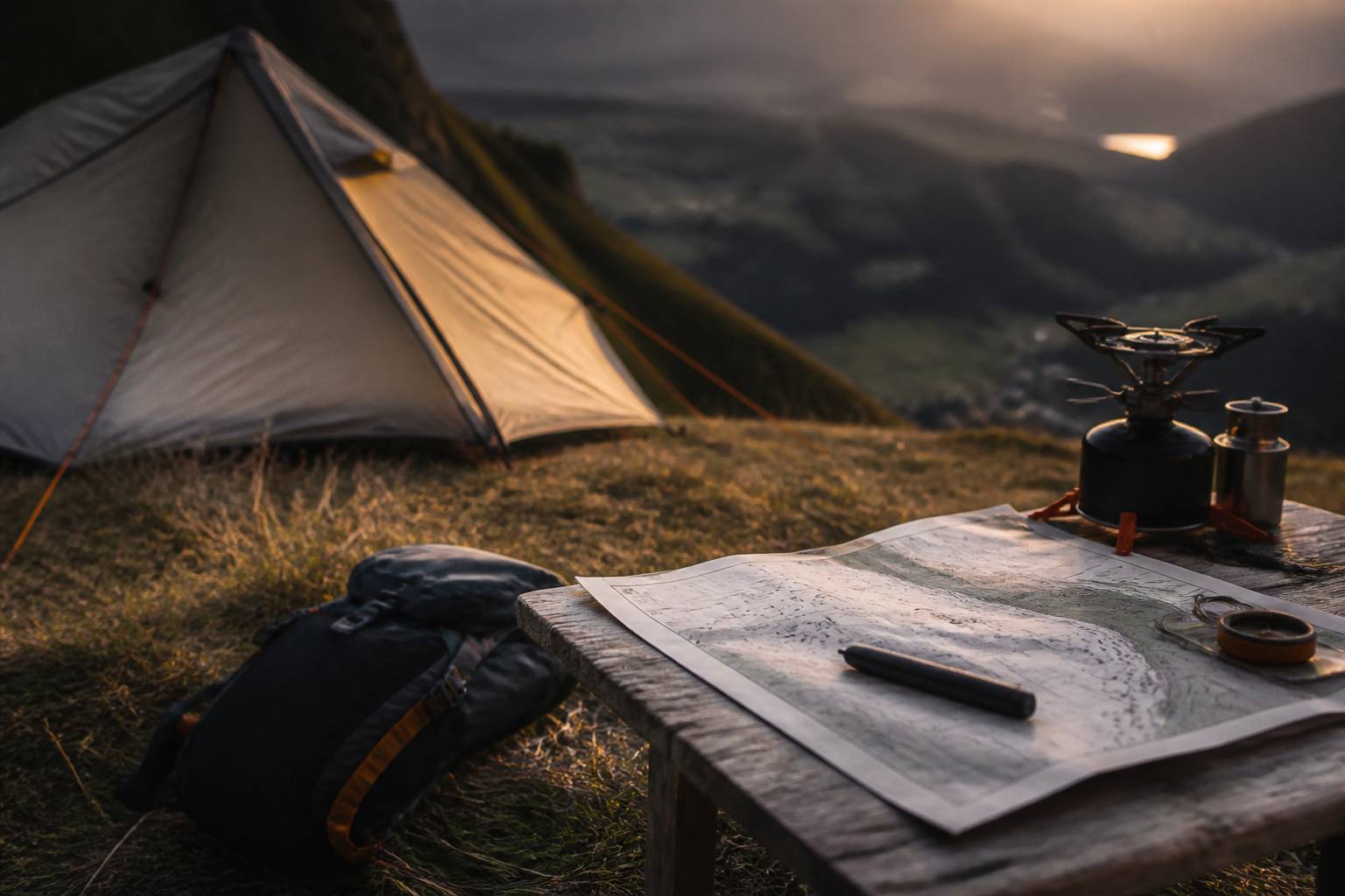 Emplacement de bivouac avec tente, sac à dos et réchaud