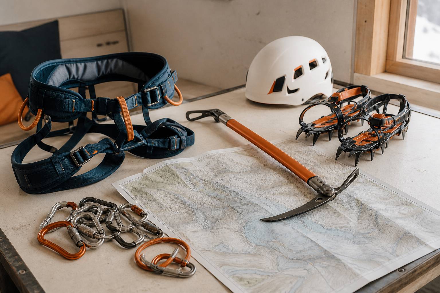 Équipement d'alpinisme avec baudrier, piolet et casque