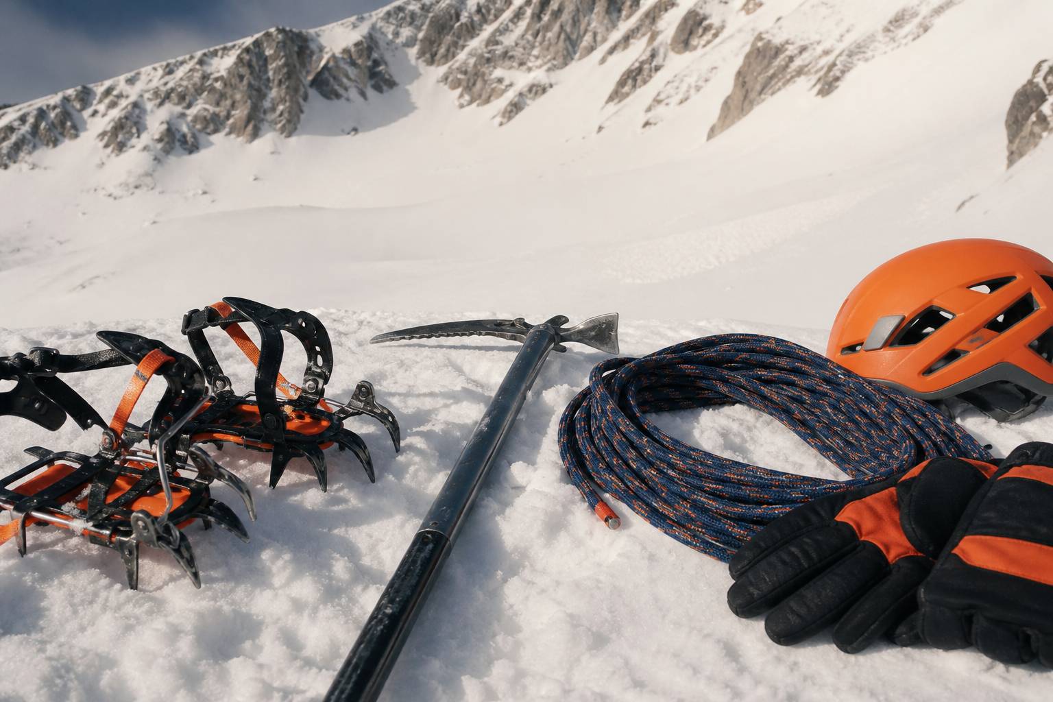 Crampons, piolet et corde d'alpinisme posés sur la neige
