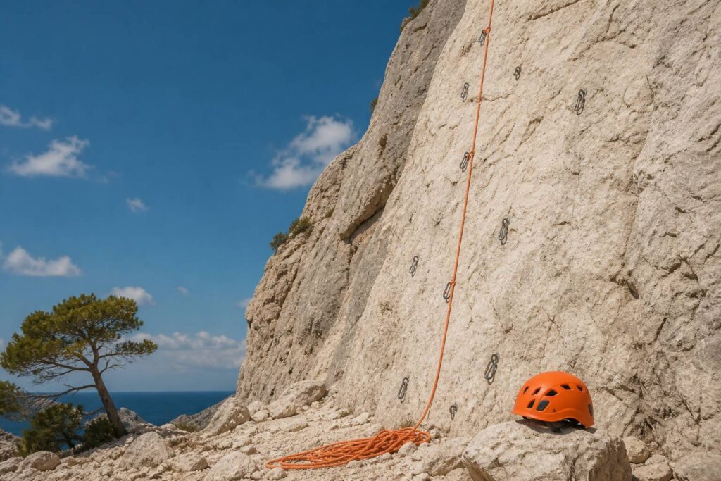 Falaise d'escalade équipée de points d'ancrage avec corde