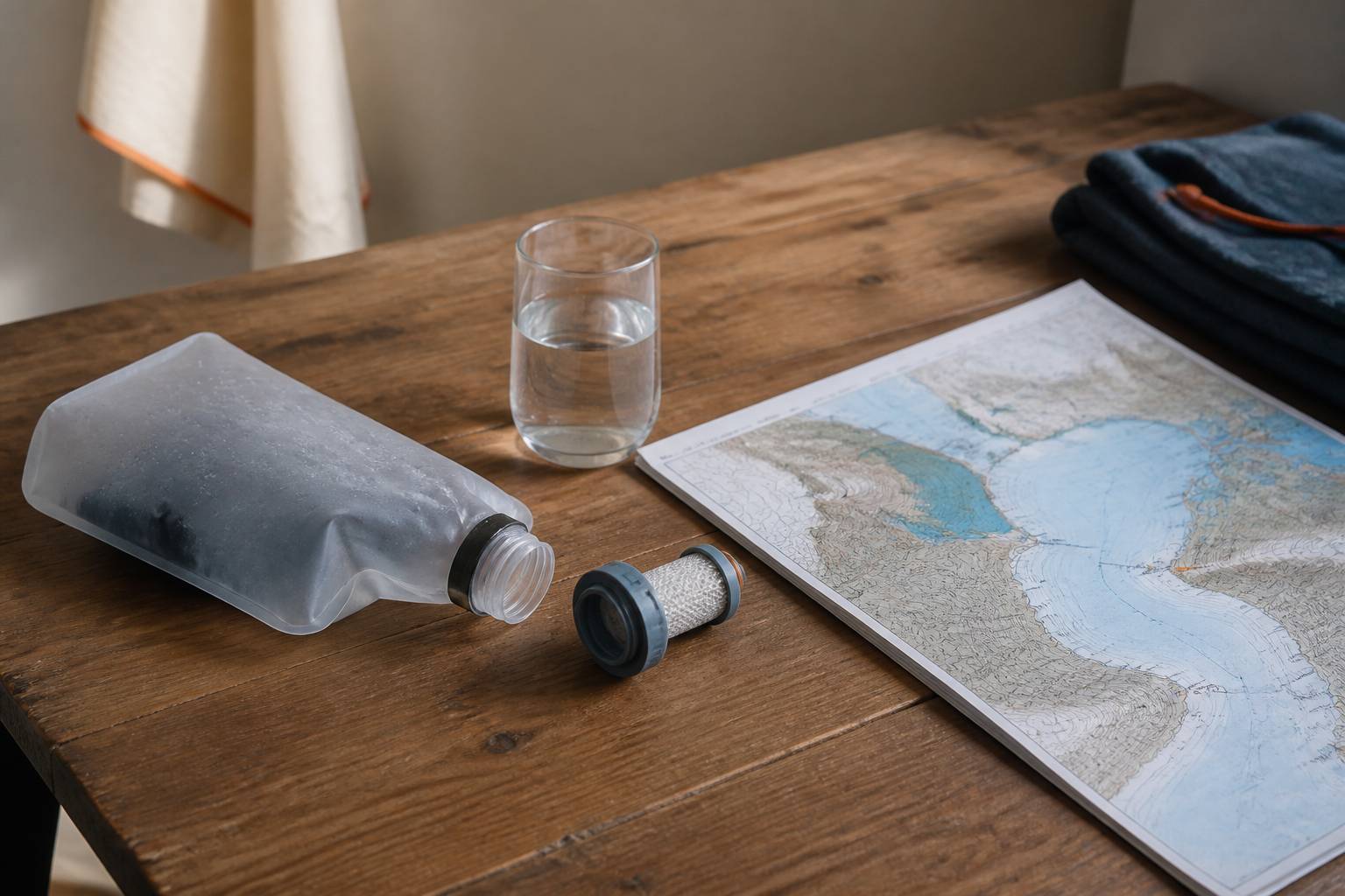 Filtre de gourde posé près d'un verre d'eau claire