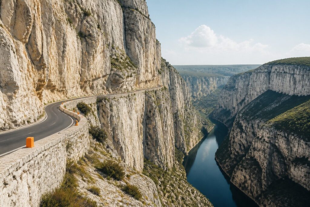 Canyon calcaire des Gorges avec route en corniche et rivière en fond de vallée