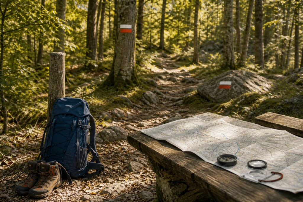 Sentier de grande randonnée balisé en forêt à la lumière du matin