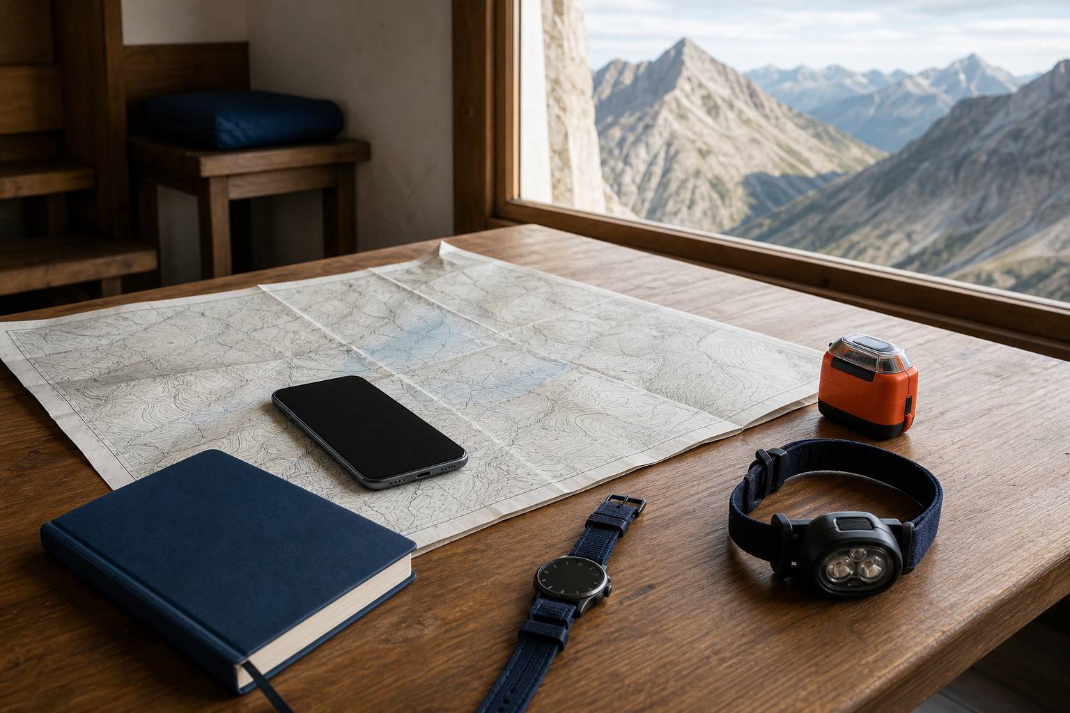 Carte topographique et téléphone sur une table de refuge