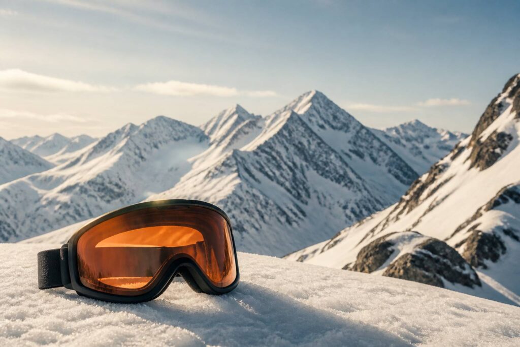 Lunettes de ski posées sur la neige avec un massif enneigé en arrière-plan