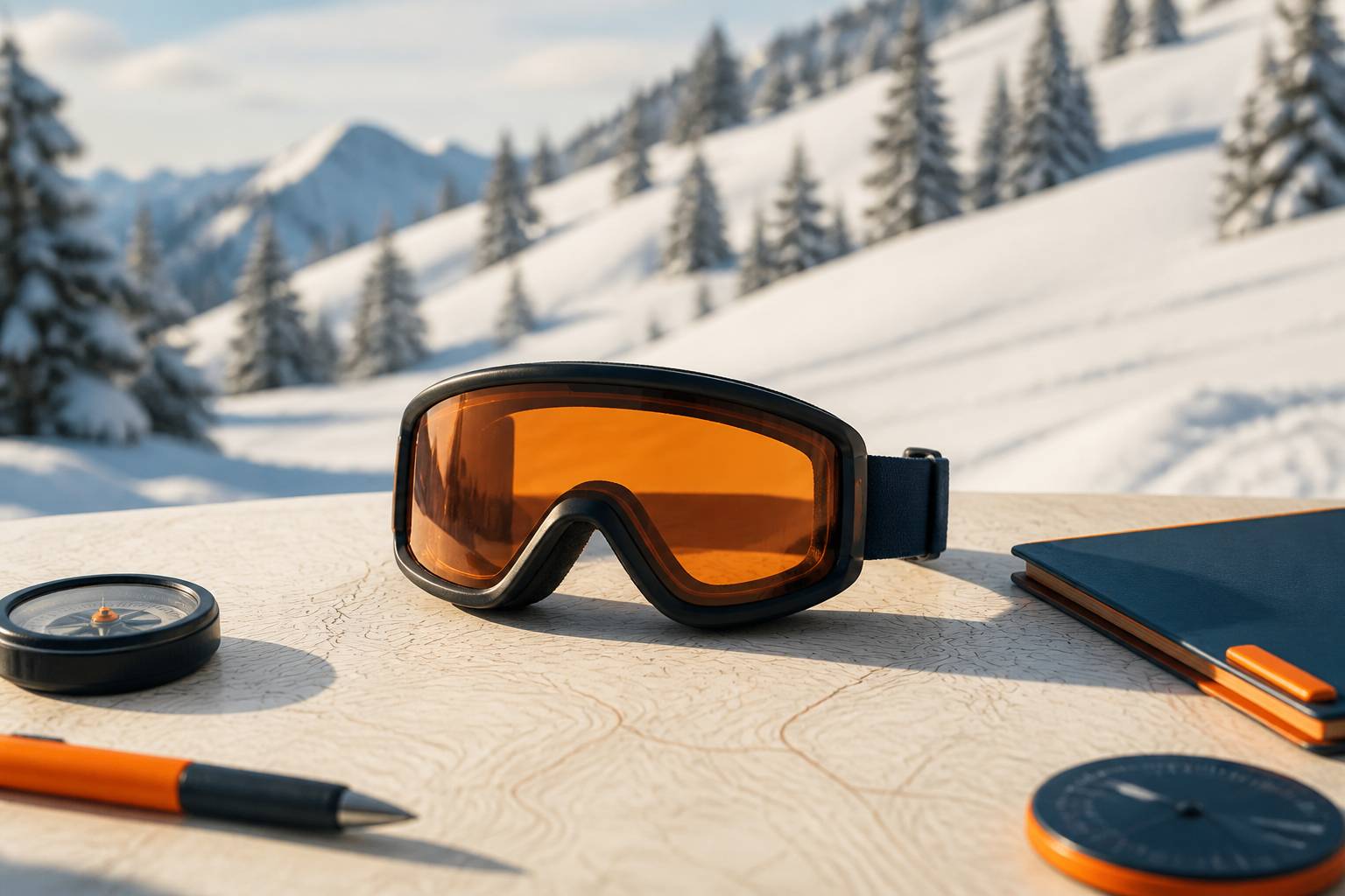Paire de lunettes de ski avec verres teintés posée sur un fond de neige et de montagne