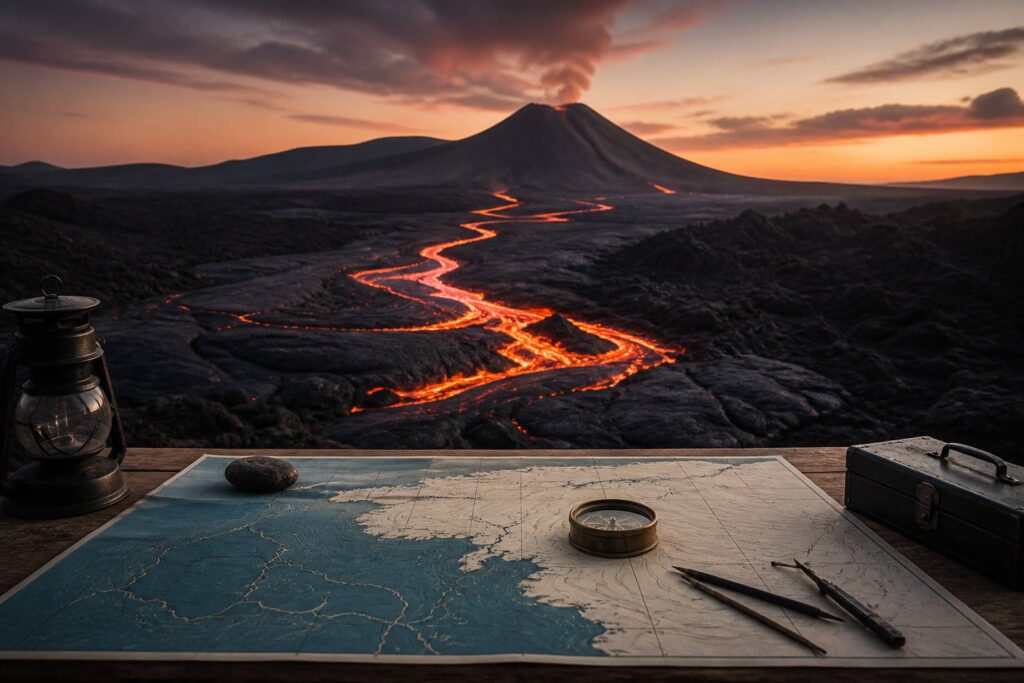 Paysage volcanique avec un cône et une coulée de lave incandescente au crépuscule