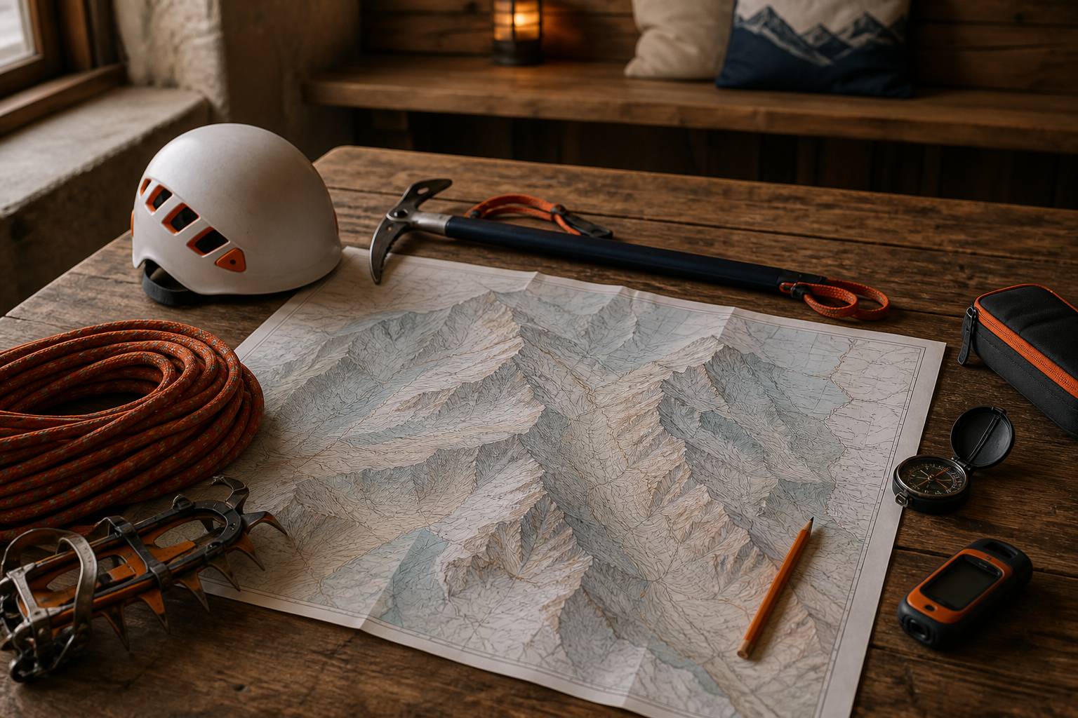 Matériel d'alpinisme posé sur une carte topographique de montagne