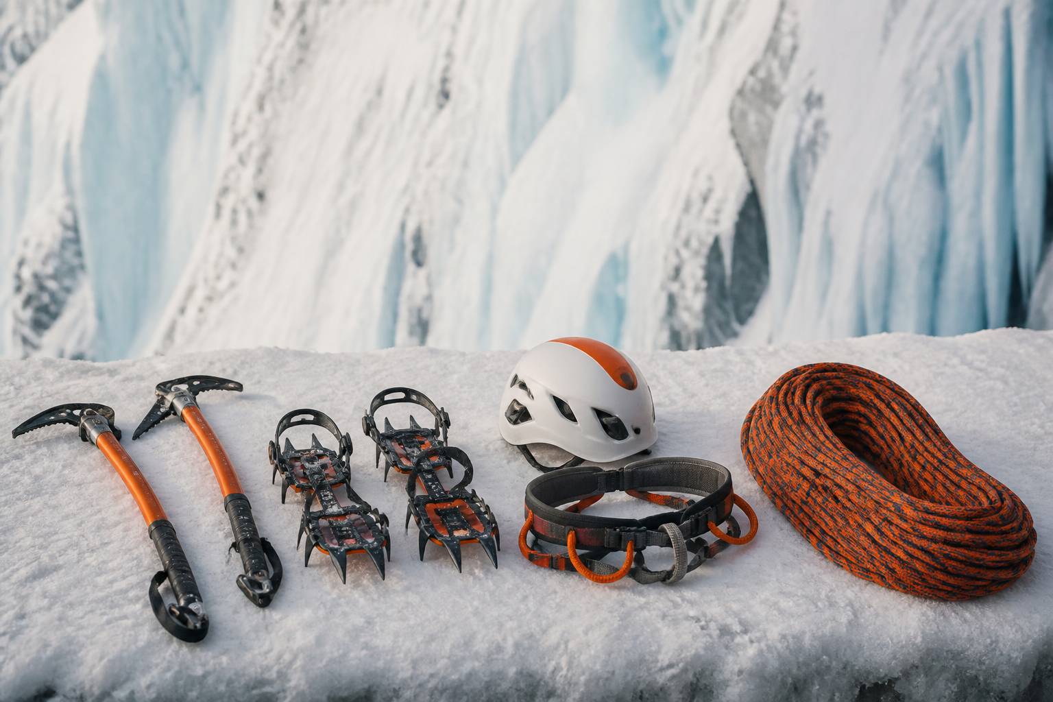 Matériel de cascade de glace posé sur la neige avec piolets et crampons