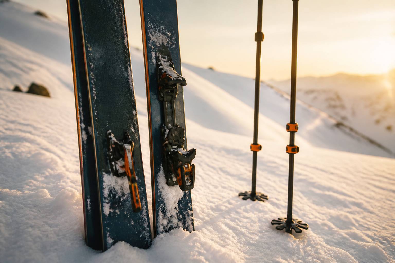 Skis avec peaux de phoque plantés dans la neige