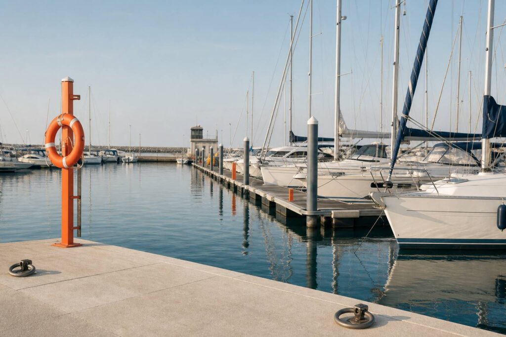 Port de plaisance avec pontons et voiliers amarrés aux anneaux