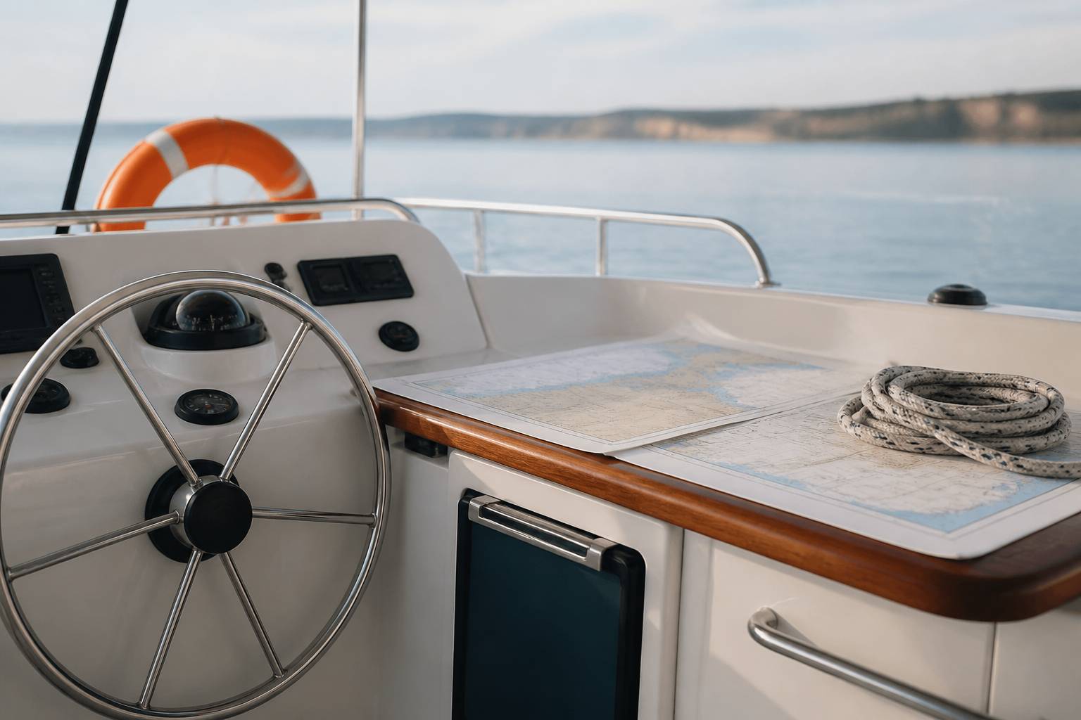 Poste de pilotage d'un bateau-école avec barre et cartes marines