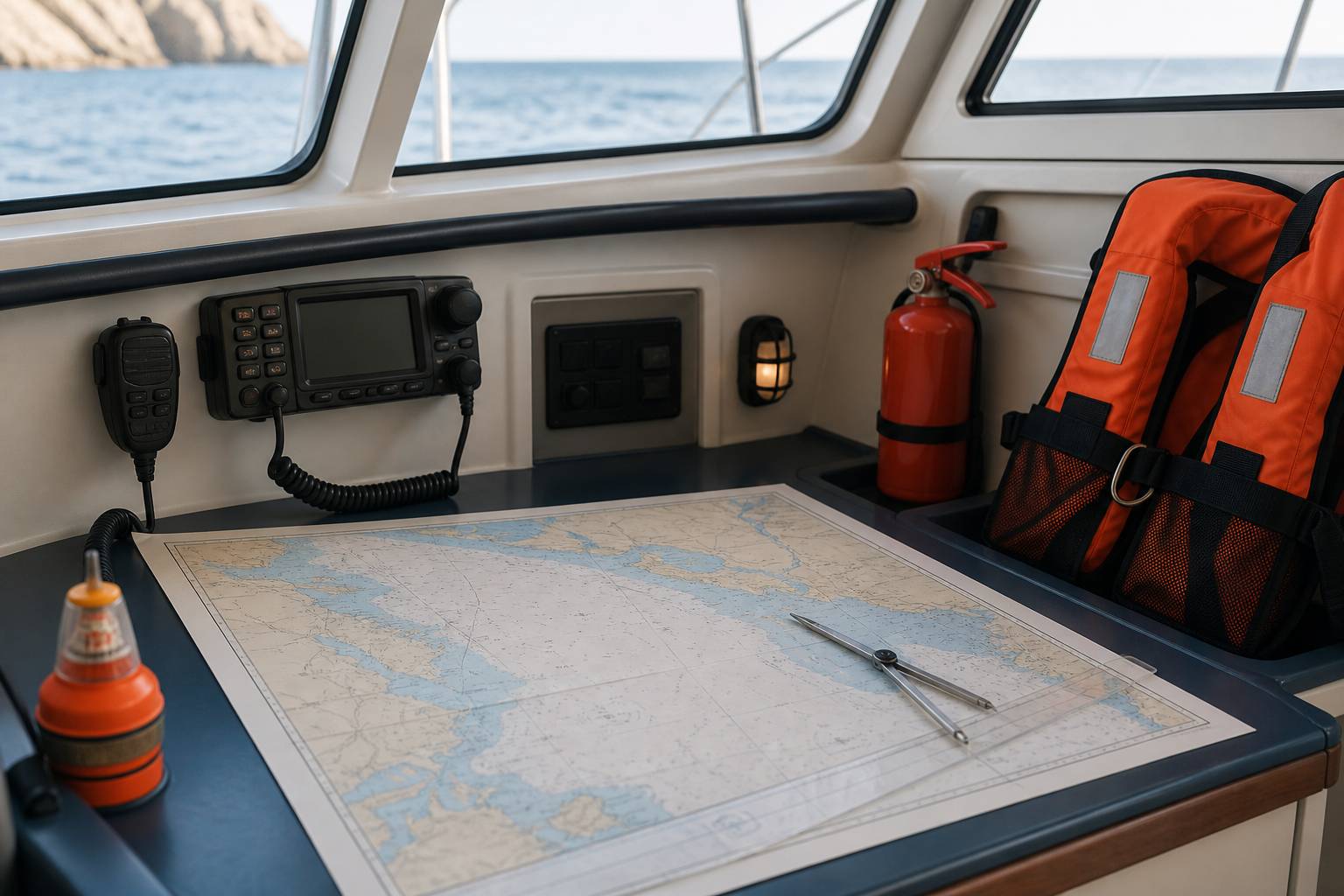 Radio VHF et gilets de sauvetage dans une cabine