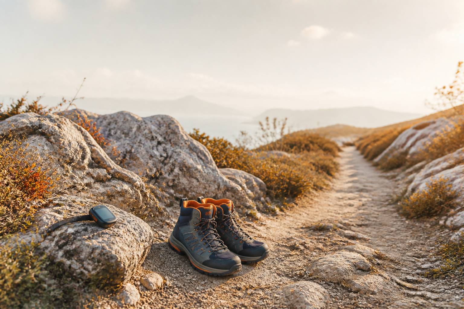 Chaussures de randonnée sur un sentier avec un podomètre générique