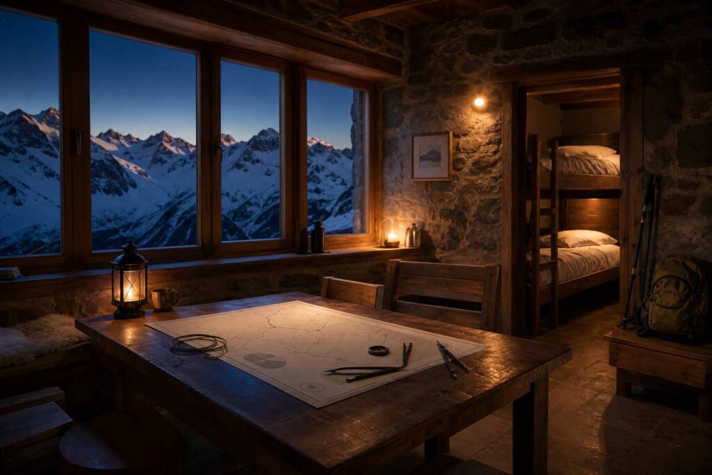 Refuge de montagne en pierre avec dortoir et lumière chaude le soir